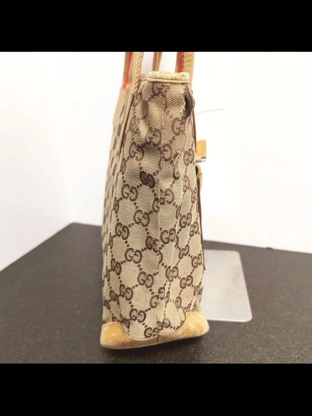 Gucci Beige/Brown GG Canvas Tote with Red-Trim Handles